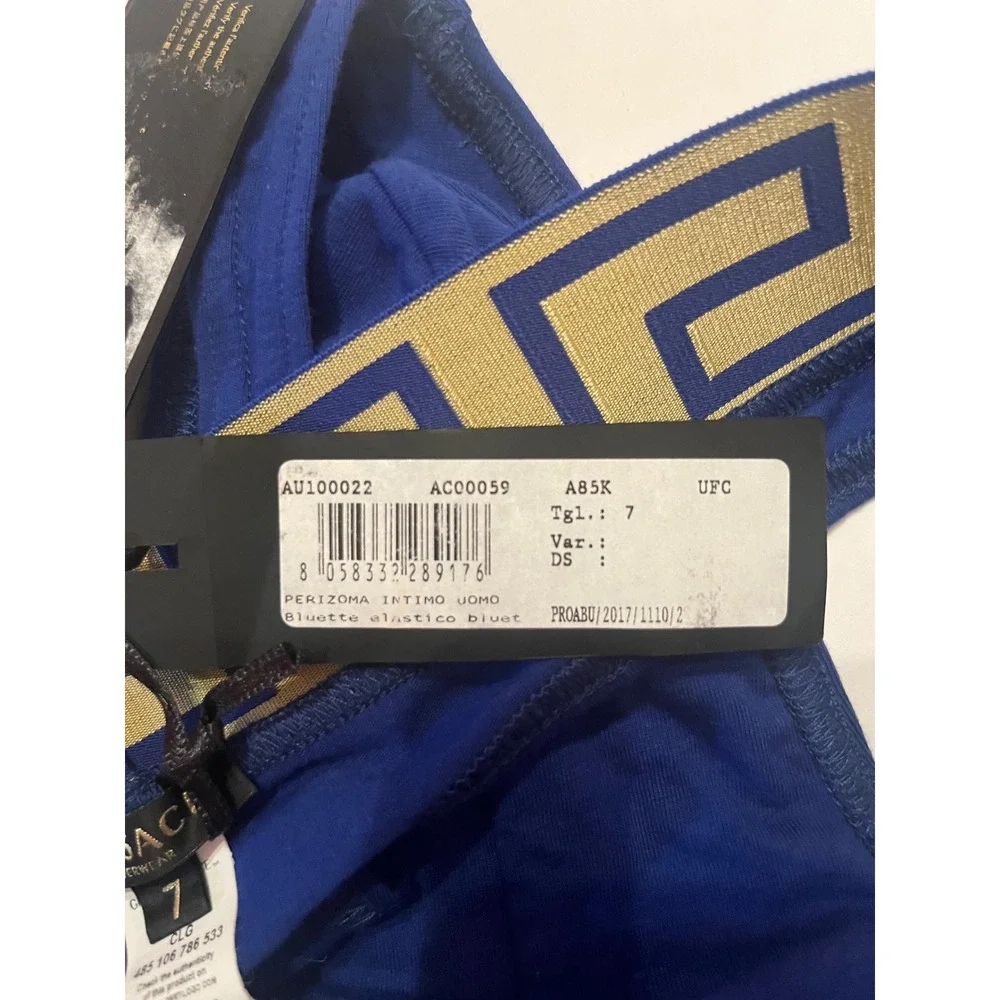 Versace Men's Thong Briefs‎ Underwear Blue with Gold Logo Size 7 or XL
